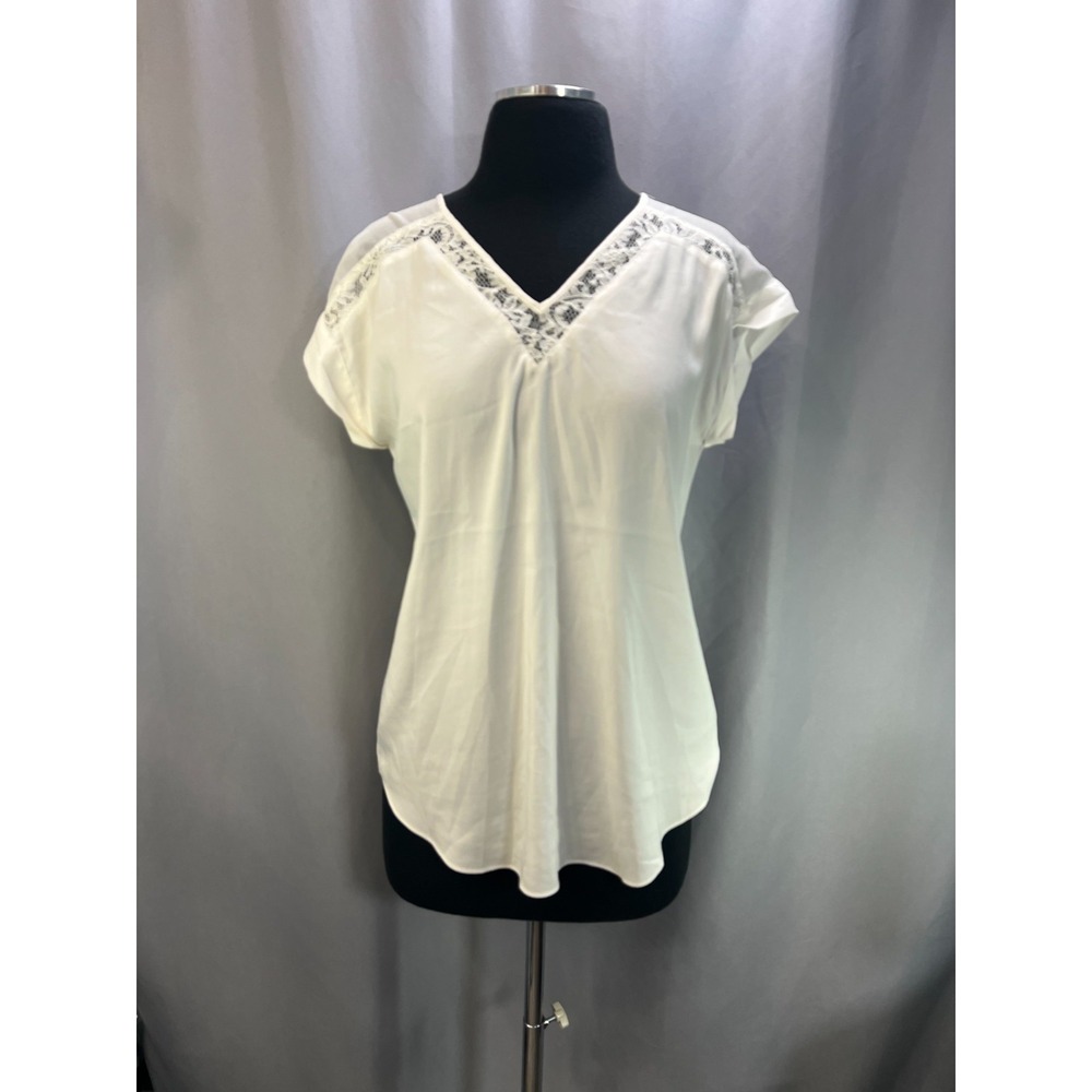Express Lace Trim Blouse Top Womens Small Off White Stretch V Neck Curved Hem